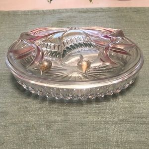 Vintage Cut Glass Oval Christmas Bells Trinket Box w Lid Gold Green Pink